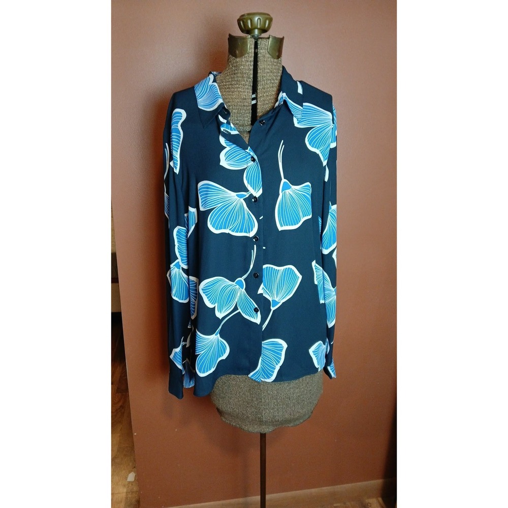 Cabi 6080 Navy Blue White Ginkgo Floral Button Down Blouse Large Long Sleeve